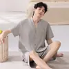 Pijama Masculino de Verão 2026, Algodão Puro Amigo da Pele, Manga Curta, Shorts, Cardigã, Conjunto de Roupa para Casa Kimono Plus Size de Verão