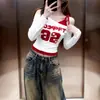 Camiseta de Manga Longa com Gola Diagonal Color Block Estilo Coreano Estilo Garota Picante para Mulheres, Design de Primavera e Outono, Modelagem Justa, Emagrecedor, Top Off-Shoulder
