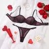 Aliexpress Conjunto de Lingerie Transparente Preto com Coração Vermelho Cruzado Europeu e Americano Conjunto de Sutiã Modelador Confortável Push-Up Romântico Sexy