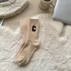 Calcetines Deportivos de Invierno para Mujer con Letra C Bordada, de Media Pantorrilla, Versátiles, Cálidos, de Hilo de Lana Marina, Color Café Gris