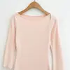 Roupas femininas estilo europeu e americano, gola canoa francesa, alta elasticidade, cor macaron, mangas flare, mangas três quartos, acinturado, saia justa