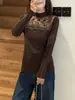 ¡Elegante y Grácil! Suéter de Punto para Mujer de Manga Larga, Corte Ajustado, con Cuello Semi Alto y Empalme de Encaje, Hecho de Mezcla de Lana, Adecuado como Capa Base