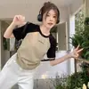 Camiseta Regular de Ombro a Ombro Transfronteiriça Manga Curta Feminina 2026 Novo Verão Emagrecedora Coreana Color-Blocking Raglan Linha A Retrô Americana Top Curto