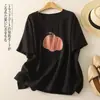 Camiseta Estampada de Algodão e Linho Manga Curta Solta Afinando Feminina Verão Novo Estilo Fina Confortável Respirável Rejuvenescedora Gola Redonda Retrô