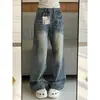 Jeans Azules Lavados Estilo Americano con Hendiduras de Rayo para Mujer, Nuevo Modelo de Invierno, Pantalones Largos Casuales Rectos Sueltos, Modernos