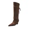 Botas 2026 Estilo Coreano Punta Fina Tacón de Cuña Botas Largas para Mujer, Adelgazantes Marrones de Tacón Alto Hasta la Rodilla