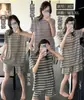 Conjunto Rayado Negro y Gris para Vacaciones Perezosas para Mujer, Colorido Rayado Bloque de Color de Verano Cuello Redondo Manga Corta Holgado Casual Estilo Perezoso Ropa de Casa