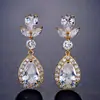 Pendientes Largos con Forma de Gota de Zirconia Hermosos Transfronterizos Moda Europea y Americana Pendientes Sencillos de Cobre Chapado en Oro con Circonia Venta al por Mayor
