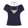 2474-25 Primavera Novo Coreano Cor de Contraste Falso Duas Peças Gola Pendente Renda Slim Temperamento Jaqueta de Manga Curta Camiseta Feminina