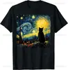 Transfronteiriça Aliexpress Gato Céu Estrelado Van Gogh Gato Amor Gato Camiseta Casual Moda Rua Casual Roupas Estilo Verão Solta