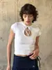 Top Corto Retro Simple de Encaje con Corte y Cordones Estilo Coreano Cuello Redondo con Lazos Hueco Ajustado Camiseta de Manga Corta Corta Ropa para Mujer