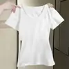Camiseta Feminina Gola V Manga Curta, Verão 2026 Nova Cor Verde Menta Slim Fit Cintura Marcada com Design Único