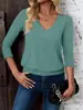 Conjunto de 2 peças Amazon transfronteiriço de blusas femininas de manga três quartos, camisa casual de outono com decote V e amarração frontal