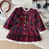 Vestido de Niña Primavera Manga Larga 2025 Nuevo Estilo Niña Pequeña Estilo Xiaoxiang Cuadros Cuello Alto Encaje Vestido de Princesa Moderno