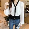 Cardigan de Tricô Patchwork com Mangas Bufantes de Chiffon Estilo Francês para Mulheres, Novo Estiloso Cardigan Jaqueta Elegante com Decote V para Mulheres - Outono 2026