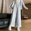 Calça de Sarja Lavada Estilo College Verão 2026 com Barra de Renda, Modelo Largo, Doce e Macia, Estilo Casual para Baixinhas, Comprimento Cropped