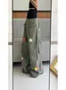 Pantalones Cargo Militares Verdes Retro Americanos Bordados Florales para Mujer, Nuevo Diseño Otoño y Verano, Pantalones de Pierna Ancha Rectos de Cintura Alta
