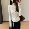 Súper cómoda~ Camiseta de Tencel con lana elástica, cintura fruncida plisada, top base de lana para mujer, nuevo Otoño 2026 031