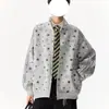 Cardigan Retro Americano con Estampado Integral de Estrellas Cuello Alto para Hombre Primavera/Otoño Holgado Perezoso Relajado Chaqueta Superior con Cremallera