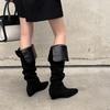 Botas Altas de Ante de Vaca Otoño e Invierno 2025 Estilo Europeo y Americano Botas de Jinete de Doble Uso Punta Cuadrada Tacón de Cuña Mangas Estilizan la Figura Botas Altas