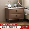 Mesita de noche de madera maciza y chapa de piedra, diseño moderno y minimalista, adecuada para apartamentos pequeños, con cajones para almacenamiento