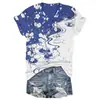 Blusas de manga corta para mujer transfronterizas, camisetas de cuello en V para mujer con diseño estilo chino y estampados florales, impresión 3D, disponibles para venta al por mayor a partir de una pieza
