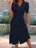 Novo Vestido de Verão Europeu e Americano Transfronteiriço Amazon Ebay Gola de Boneca Comércio Exterior Manga Curta Cor Sólida Moderno Elegante para Mulheres