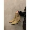 Primeiro Encontro Jifa Botas Francesas para Emagrecer Botas de Salto Médio Veludo Elástico Botas Femininas Outono e Inverno Marrom Retro Botas Curtas Botas de Cavaleiro Britânico