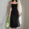 Disponible en Europa y Estados Unidos, venta al por mayor, nueva falda negra con tirantes de verano, cintura lateral para mujer, vestido ajustado con cintura plisada pequeña.