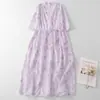 Vestido Morado de Ramio con Cuello en V y Estampado Tie-Dye para Mujer, Diseño de Manga Corta, Nuevo Vestido Largo de Verano 2026