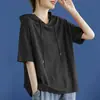 Moletom Curto com Capuz Solto Manga Curta Verão Outono Inicial Manga Média Três Quartos Moletom Esportivo Feminino Top Cor Sólida Tendência Largo
