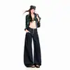Pantalones vaqueros de mujer transfronterizos, estilo americano, pantalones de pierna ancha sueltos con pliegues de cuatro botones, pantalones largos de mezclilla azul crudo, azul mezclilla cruda extralargos