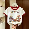 Camiseta de Algodón Puro de Manga Corta con Bloques de Color Estilo Coreano de Verano para Niños y Niñas, Camiseta Básica Versátil Casual con Estampado de Dibujos Animados para Niños