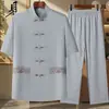 Traje Casual Bordado da Moda 2026 para Homens, Conjunto de Verão para Pais de Meia-Idade, Traje Tang Gola Alta Estilo Chinês