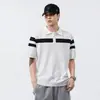 Camisa polo de punto de seda helada de alta gama con bloques de color para hombre, de manga corta, nuevo estilo de verano, camiseta de cuello para hombre moderna y versátil
