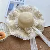 Sombrero de Paja Lindo Suave Estilo Japonés Chica Lolita Encaje Lazo Sombrero de Sol Viaje Protección Solar Sombrero de Paja con Cinta Larga