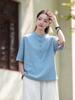 Roupa Feminina Original de Algodão e Linho Verão Novo Estilo Chinês Retrô Estilo Buda Prática Zen Blusa Top Feminino Camiseta de Linho Lavado na Areia
