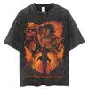 Camiseta de manga corta con estampado de batik lavado, estilo vintage de calle principal, de gran tamaño y con estampado de anime japonés gigante
