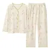 Pijama de Algodón Puro para Mujer Primavera Otoño Moda Casual Cárdigan Manga Larga Tallas Grandes Delgado Se Puede Usar Afuera Madre de Mediana Edad Ropa para el Hogar