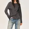 Camiseta com bainha enrolada interna, mistura de algodão de fibra longa, gola redonda, caimento solto, corte reto, camiseta de manga longa com bainha enrolada natural