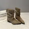 Botas vaqueras retro de mezclilla para mujer, fruncidas, apiladas, nuevas, para aumentar la altura interior, mujer 2026, punta fina, tacón grueso, botines cortos, hebilla de cinturón
