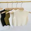Colete Tricô Gola Meia-alta Temperamento 2023 Primavera e Verão Top Curto Sem Manga Peça de Sobrepor Camisa Base para Mulheres