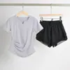 Conjunto Fitness de Verão Feminino Profissional Plus Size Corrida Secagem Rápida Pilates Yoga Treinamento Roupa Esportiva Top de Manga Curta com Decote V