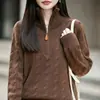 Suéter de punto grueso 100% lana vintage con cremallera media y cuello alto, tejido de ochos, corte holgado para mujer, adecuado para usar solo o como capa exterior