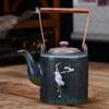 Huancai Kiln Change Cloud Crane Bule de chá artesanal de cerâmica, bule único, conjunto de chá chinês retrô Kung Fu, bule de guindaste