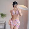 Biquíni Novo Estilo Fresco para Meninas Sexy Pequeno Peito Push-up Moda Estampado Saia Dividida Maiô Conjunto de Três Peças Feminino