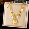 Collar de Acero Inoxidable Europeo y Americano Flor de Sol Etiqueta de Edificio Antiguo Joyería Chapada en Oro Cadena para Clavícula Multielemento Perla