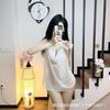 Conjunto de Lencería Sexy de Malla Transparente con Cuello Halter y Banda para el Vientre Atada. Camisón de Tentación.