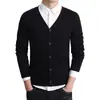 Moda Outono e Primavera Malha Básica Algodão Gola V Casual Manga Longa Cor Sólida Cardigan Suéter Casaco Masculino