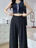 Pantalones de pierna ancha de seda de hielo negra para mujer, estilo fino de verano, para petite, con caída, holgados, pantalones de traje rectos de gasa de alta gama